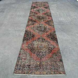 Turkish <b>Runner</b> Rug 2.7x12.5 ft, <b>Red</b> Black Persian Rug Wool - Product Image 1