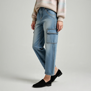 Plus Size Multi-Pocket Mid-Waist Straight Denim Pants Breathable Casual Baggy Jeans Cargo Pants Women Denim Trouser - Product Image 3