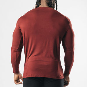 T-shirts de sport à manches longues en coton et élasthanne pour hommes, logo personnalisé, motif uni, ourlet arrondi, fitness, course à pied rapide - Product Image 5