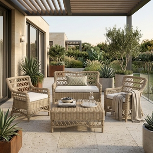 Natural Woven <b>Rattan</b> Outdoor <b>Sofa</b> Set 4 Piece Lattice Loveseat Armchairs Rectangular Coffee Table Setup Pure Art Design - Product Image 2