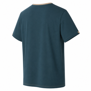 Camiseta al por mayor de color verde azulado intenso con cuello en V y cuello en contraste beige, detalle de manga minimalista, ropa de verano personalizada para hombre - Product Image 4