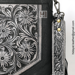 Western Boho Leather Fringe Crossbody Bag with Embossed Floral Design & Metal Accent Panel - Product Image 6