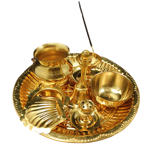 Juego de Pooja Thali de latón de diseño novedoso, hecho a mano y a mano, Puja Thali, tradicional para Pooja Arti, artículo religioso indio - Product Image 4