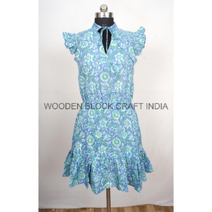 Vestido Mini de Algodón Estampado a Mano con Encaje Dulce, Ligero, de Manga Corta, para Mujer, Estampado Floral, Verano - Product Image 2