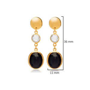 Black Quartz Oval Shape Stone Square Plain Jewelry 22K Gold Bezel 925 Sterling <b>Silver</b> <b>Stud</b> Earrings - Product Image 2