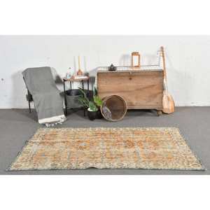 Alfombra turca Vintage clásica naranja azul Patchwork hecho a mano lana sala de estar alfombra 3,7X6,5 pies respaldo de látex rectángulo a rayas - Product Image 1