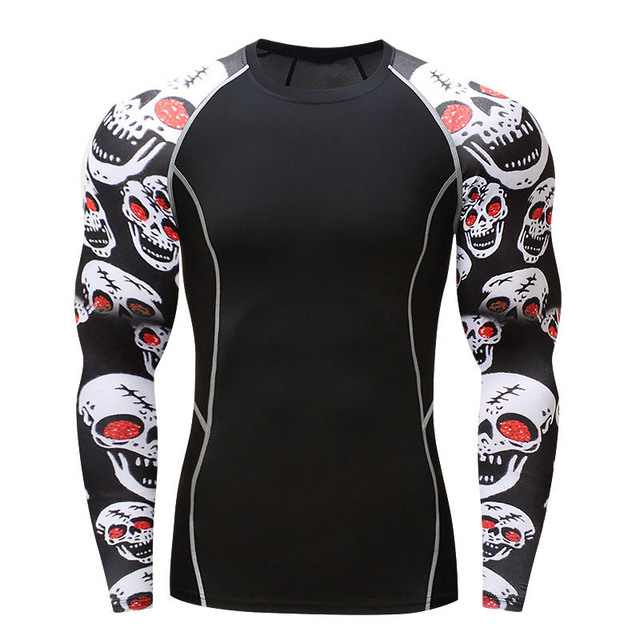 Men Sublimation Printed Long Sleeve Rash Guard Compression Shirt Quick Drying Polyester/Spandex MMA Fashionable Raccoon Sports