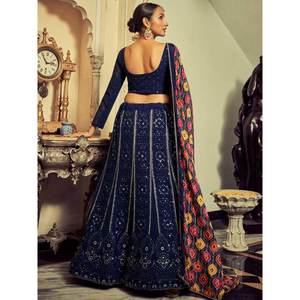 Impresionante Traje de Novia de Georgette con Lentejuelas Azul Marino - Lehenga Choli - Product Image 3