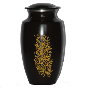 Urne de crémation moderne en aluminium pour adultes avec gravure végétale couleur or et noir finie pour les funérailles et le stockage des cendres - Product Image 1