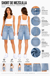 Shorts en jean droits taille mi-haute avec détails simples, en coton délavé coloré, pour un look décontracté d'automne - Product Image 1
