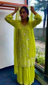 ชุดปากีสถานผ้าจอร์เจตต์เทียมลายดีไซเนอร์ งานปักเลื่อมหนักแบบจีน ตัดเย็บสำเร็จพร้อมใส่ ชุดแพลลาโซ่ ขอบกว้าง 44 มม. สำหรับชุดพื้นเมืองทั่วโลก - Product Image 6