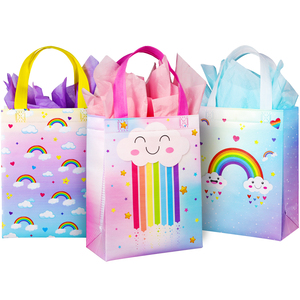 Sacs cadeaux jetables en tissu non tissé motif Nuage Arc-en-ciel, taille moyenne, avec logo sérigraphié, pour fêtes, multicolores, avec poignée Flexiloop, jaune et rose - Product Image 1