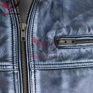 Chaqueta Bomber de Cuero Genuino Azul para Hombre, Abrigo de Piel de Vacuno con Lavado Desgastado, Cuello Alto, Ribete de Punto Acanalado, Clásica Personalizada, Cálida para Invierno - Product Image 4