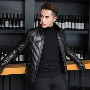 Manteau d'hiver en cuir véritable de mouton pour homme, coupe slim, court, matelassé, imperméable, écologique - Product Image 2