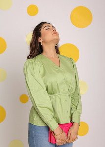 Tops de fiesta de algodón puro Natural, liso, verde menta, cuello en V, botón de manga completa, 100%, ajustados, disponibles, tallas grandes, estilo dulce - Product Image 2