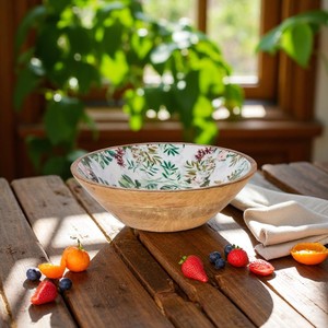 ชามเสิร์ฟอาหารทรงกลมทำด้วยมือพิมพ์ลายเคลือบสวยงามทำจากไม้มะม่วงอเนกประสงค์เหมาะสำหรับซุปก๋วยเตี๋ยวแกง - Product Image 1