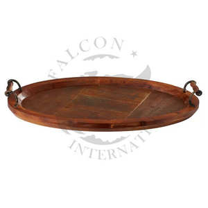 Wooden <b>Tray</b> With Metal <b>Black</b> Plated Handle Natural Round Shape <b>Trays</b> for Home & Hotel For Serving Premium Design Tabletop - Product Image 1