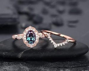 Oval Alexandrite Luxury Certified <b>Ring</b> <b>Set</b> 925 Sterling Silver 14K Rose <b>Gold</b> Prong Setting Engagement Wedding <b>Ring</b> Color - Product Image 2
