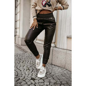 Women's High-<b>Waisted</b> <b>Elasticated</b> Pocket Leather <b>Trousers</b>, 27872 - Black - Product Image 2