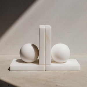 <b>Triangle</b> shaped white marble & <b>wood</b> bookend heavy weight stylish modern design durable bookshelf support decorative accent piece - Product Image 6