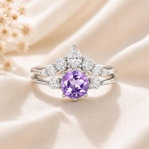 Layered Lavender Amethyst <b>Ring</b> <b>Set</b> Wedding Engagement Stack Purple For Women 925 <b>Sterling</b> <b>Silver</b> February Birthstone Ensemble - Product Image 3