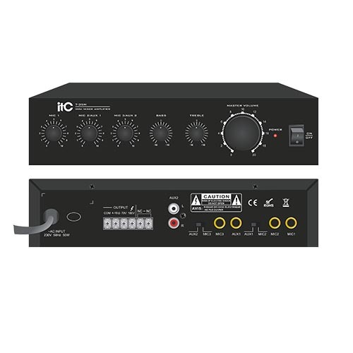 35W 60W Mini Economic Mixer Amplifier, 3 Mic, 2Aux Inputs, with Mic2/Aux1 and  Mic3/Aux2 Selector Switch