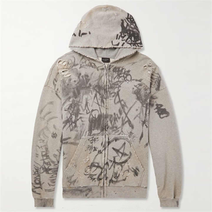 Custom Winter Embroidered Zipper up Graffiti Print Oversized Distressed Ripped Full-Zip <b>Thermal</b> <b>Hoodie</b> for Men 100% Cotton - Product Image 3