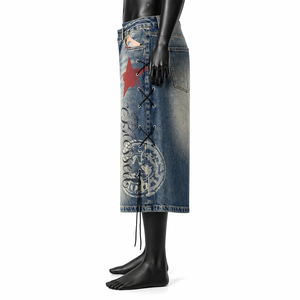 Pantalones cortos de mezclilla con cordones para hombre, estilo holgado, con estampado de estrellas, hasta la rodilla, estilo urbano, OEM al por mayor - Product Image 4