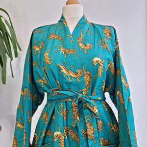 Pur coton indien bloc imprimé été Kimono profond Turquoise guépard Floral plage couverture confortable maternité maman longueur au sol - Product Image 1