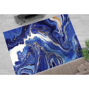 Alfombra Azul Marino con Diseño de Mármol: Alfombra Moderna Abstracta Antideslizante, con Pelo Suave - Product Image 2