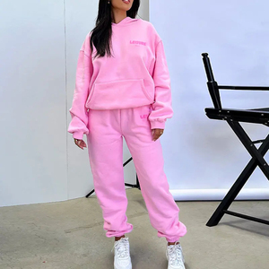 OEM LOGO personalizado Color Rosa 3D Puff estampado ropa de calle de las mujeres para pantalones de chándal Jersey Sudadera con capucha de gran tamaño y Joggers conjunto de las mujeres - Product Image 3