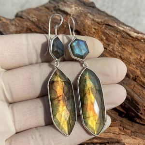 <b>Large</b> Labradorite Gemstone Earrings 925 Sterling Silver Handmade Statement Unique Fashion Jewelry Gift For Women Men - Product Image 2