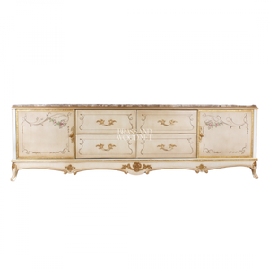 Meuble TV classique de luxe en bois ivoire avec détails floraux peints à la main - Product Image 2