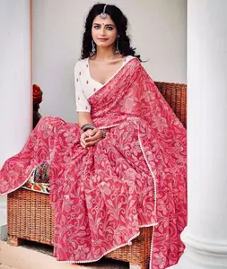 Indische Stijl Chanderi Zijde Met Khadi Print Design Met Klaar Gemaakt Kant Grens Saree Voor Bruiloft En Casual Functie Dragen sari