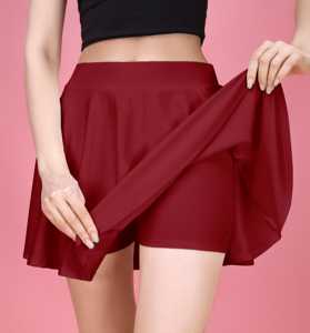 Trendmalls Women's Red Flared Knee-Length <b>Skirts</b> with Attached Inner Shorts Comfortable and Plain Dyed Trendy Style - Product Image 3