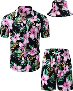 Mens Summer Vintage Breathable Hawaiian <b>Shirt</b> and Shorts with Bucket Hat OEM 3PCS Custom Spandex/Cotton Beach Set for <b>Resort</b> - Product Image 5