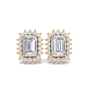 Boucles d'oreilles clous en diamant taille émeraude 1,24 carat avec double halo, en or jaune, blanc et rose 9K, fermoir à vis, bijoux de luxe pour mariée - Product Image 5