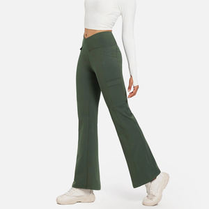 Service OEM Pantalons de yoga pour femmes à taille haute, taille élastique, devant plat, avec couleur personnalisée, leggings évasés à fente avant, effet push-up - Product Image 3