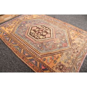 Alfombra Turca Vintage, Alfombra Decorativa de 4.8x6.7 pies, Alfombra Geométrica Amarilla y Azul - Product Image 4