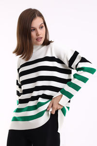 Women's Striped <b>Turtleneck</b> Tunic Breathable Knitwear Custom OEM Service Long Back New Fashion High Quality Warm Pullover - Product Image 2