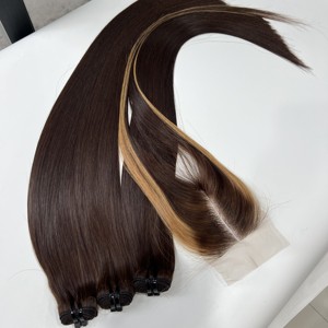 Extensiones de cabello humano vietnamita con cierre de reflejos tejido de pelo marrón liso de hueso - Product Image 2