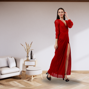 Elegante vestido rojo plisado de sirena para mujer manga larga cuello en V profundo con abertura lateral para fiesta y ocasiones formales - Product Image 3