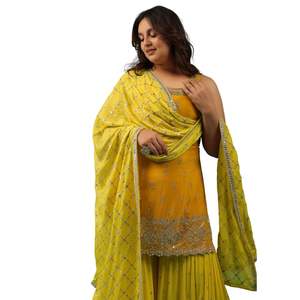 Chrome Yellow Chinon Sharara Suit with Embroidery for Women Wedding Reception Party and Traditional Indian <b>Outfits</b> - Product Image 2