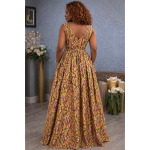 Abito lungo Ankara Tan con stampa floreale digitale e collo all'americana - Product Image 2