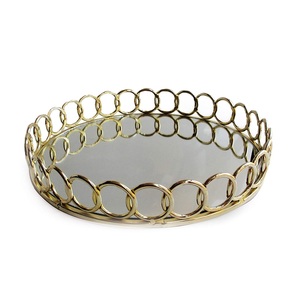 Plateau miroir doré de luxe, rond, en métal, décoratif, pour cosmétiques, plateau de rangement pour bijoux en verre orné, plateau de service pour la décoration de la maison - Product Image 1