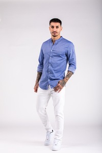 Camisa Ecológica Azul de Lino y Algodón para Hombre, Corte Slim, Casual, Transpirable, Antiarrugas, Cuello con Botones, Manga Larga, para Otoño - Product Image 4