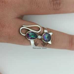 Mystic Topaz Dual Gemstone <b>Statement</b> Cat <b>Ring</b> Handmade Sterling Silver 18K for Birthday Christmas Valentine's Day Gift - Product Image 6