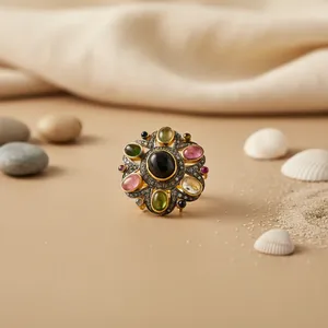 Bague de cocktail bohème pour femme, plaquée or 18 carats, en alliage, avec onyx noir et pierres précieuses naturelles serties pavé, bijoux de fête - Product Image 2