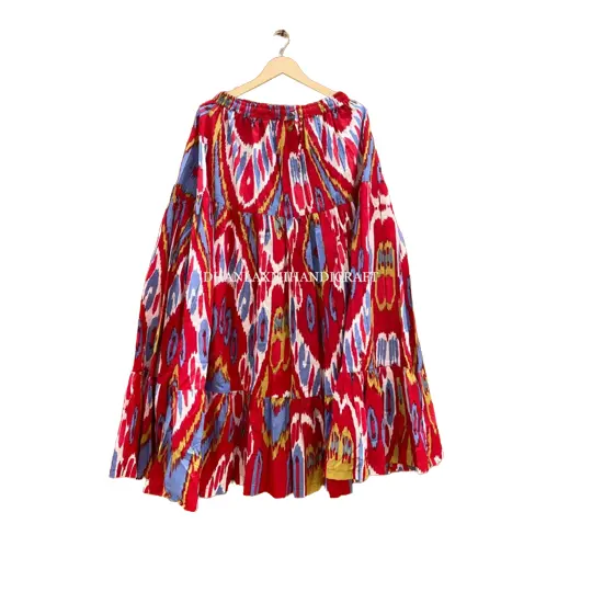 Fancy Red Ikkat Printed Boho Maxi Two Tires Skirt Indian Tunic Women Design Bohemian Style Cotton Long Wear Skirts
