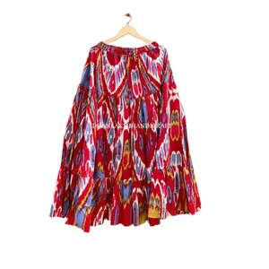 Ausgefallene rote Ikkat bedruckte Boho Maxi Zwei Reifen Rock Indische Tunika Frauen Design Bohemian Style Baumwolle Long Wear Röcke
